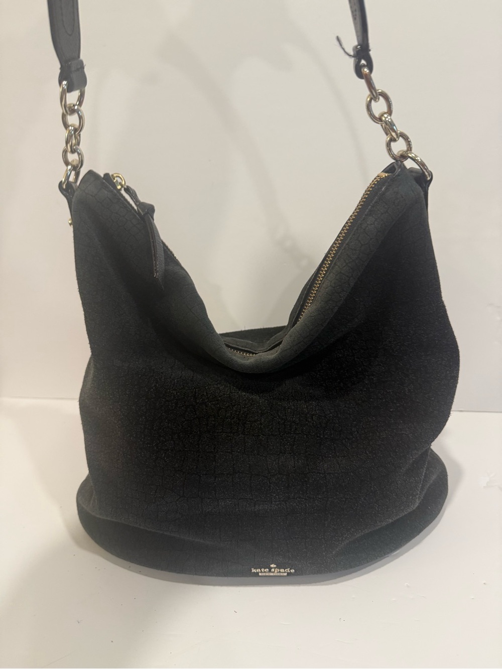kate spade Black Croc-Embossed Shoulder Hobo Bag with Gold Hardware